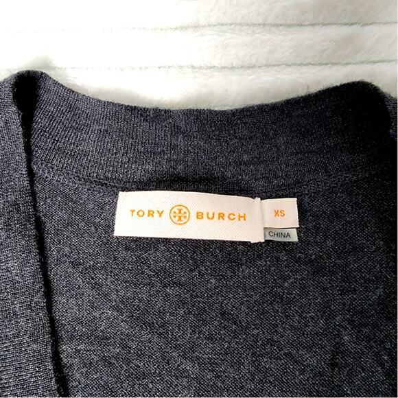 Tory Burch XS Gray Merino Wool Cardigan Logo Button Sweater Classic Luxury - Picture 8 of 9